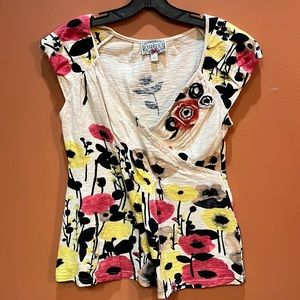 Baraschi/Anthro unique v neck puff sleeve top. Fit and flare style. Size small.